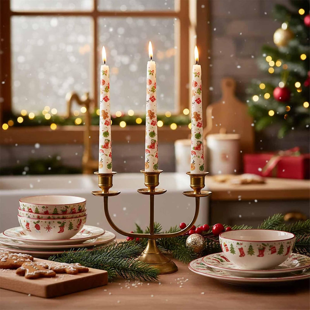 4 Pack Christmas Taper Candles,10 Inch Unscented White Candlesticks with Christmas Tree Print Design for Holiday Table Decor, Fireplace Mantel, Winter Weddings(Ivory)