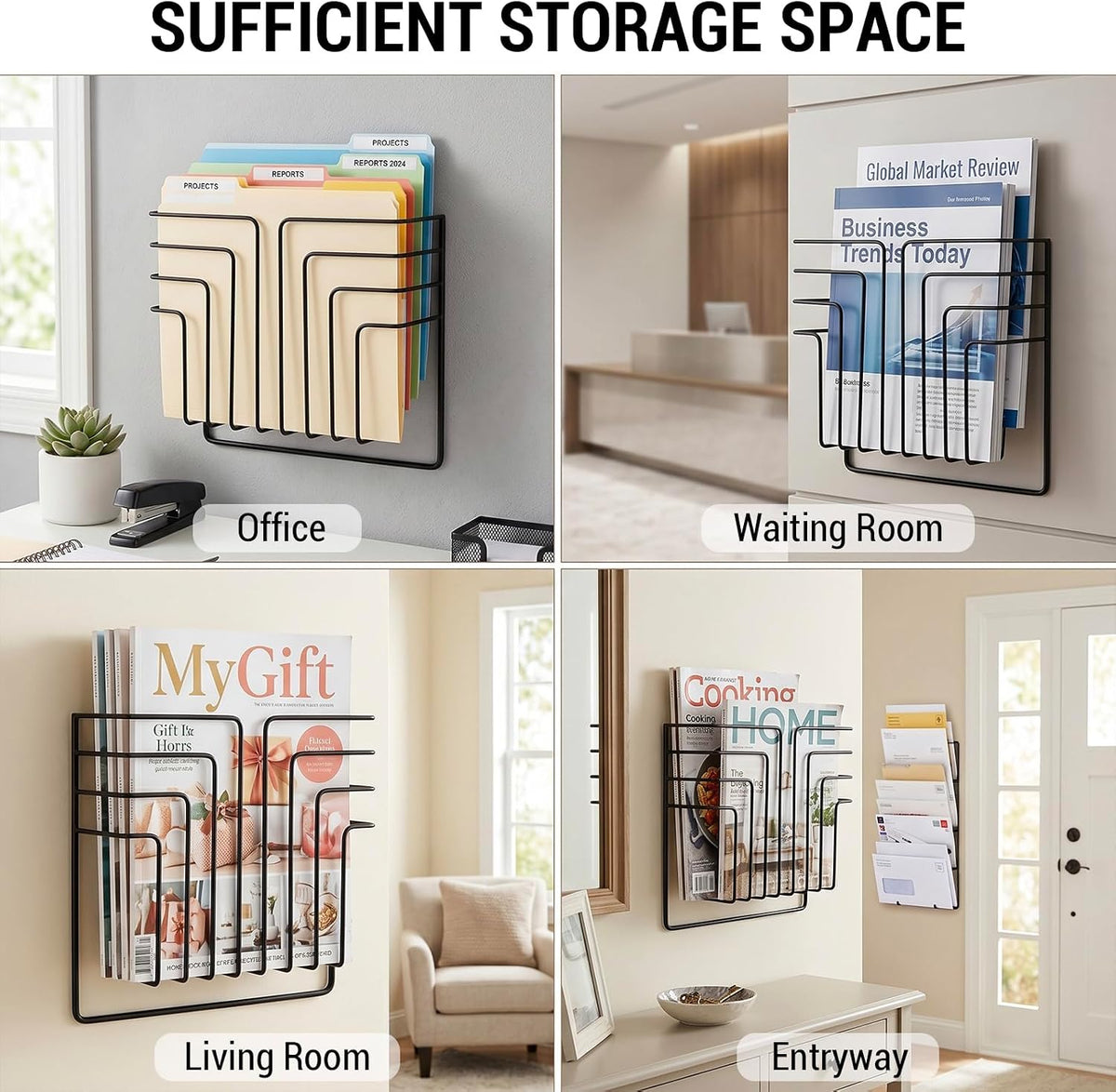 MyGift Black Metal Wire Wall Mounted Magazine File Holder Organizer Rack