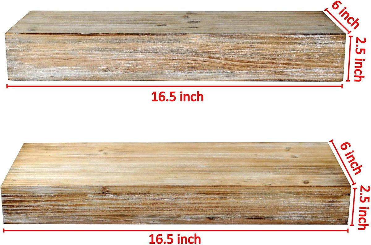 Wall-Mounted Floating Shelves - Set of 2, Solid Wood Rustic Grey, 16.5” W x 6” D x 2.5” H - Rustic Decorative Storage for Photos, Plants, Trophies & Books - Hardware Included