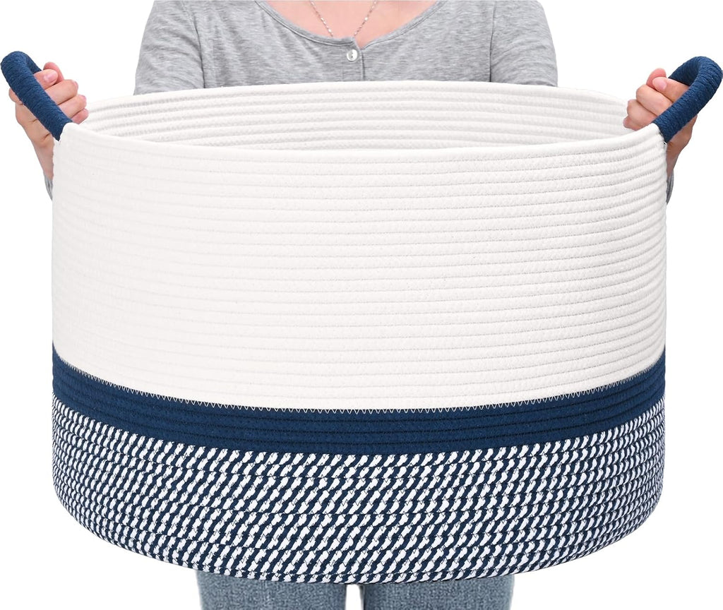 67L Large Blanket Basket, 20"x13" Blanket Basket Living Room, Woven Baskets With Handle, Toy Baskets for Blankets, Nursery, Dog, Pillow, Gift (White & Navy Blue)