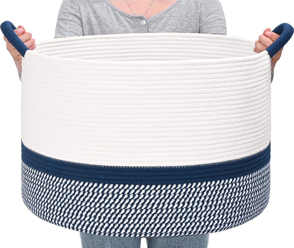 67L Large Blanket Basket, 20"x13" Blanket Basket Living Room, Woven Baskets With Handle, Toy Baskets for Blankets, Nursery, Dog, Pillow, Gift (White & Navy Blue)