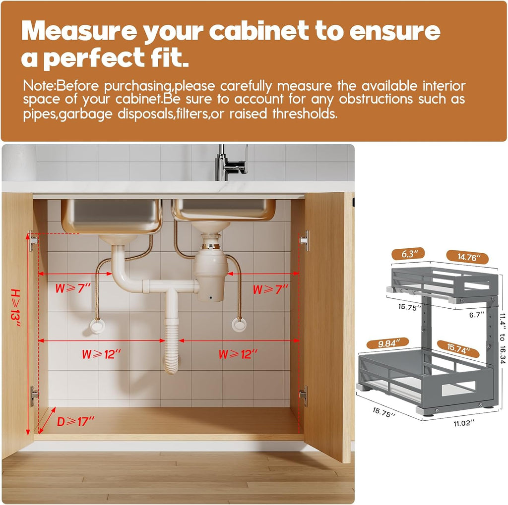 1-Pack Under Sink Organizers and Storage,2-Tier L Shape Pull Out Cabinet Organizer With Round Tube Slide Rails,Hight Adjustable Slide Out Drawers for Kitchen&Bathroom,Multi-Purpose Storage Shelf-Gray