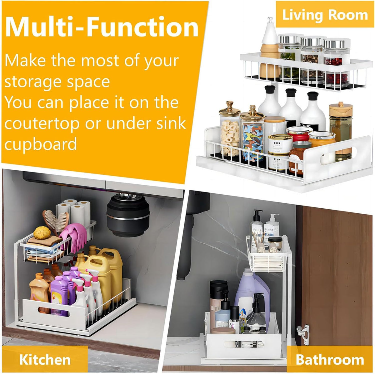 Ceetug Slide Out Under Sink Organizers and Storage, White, 2 Pack