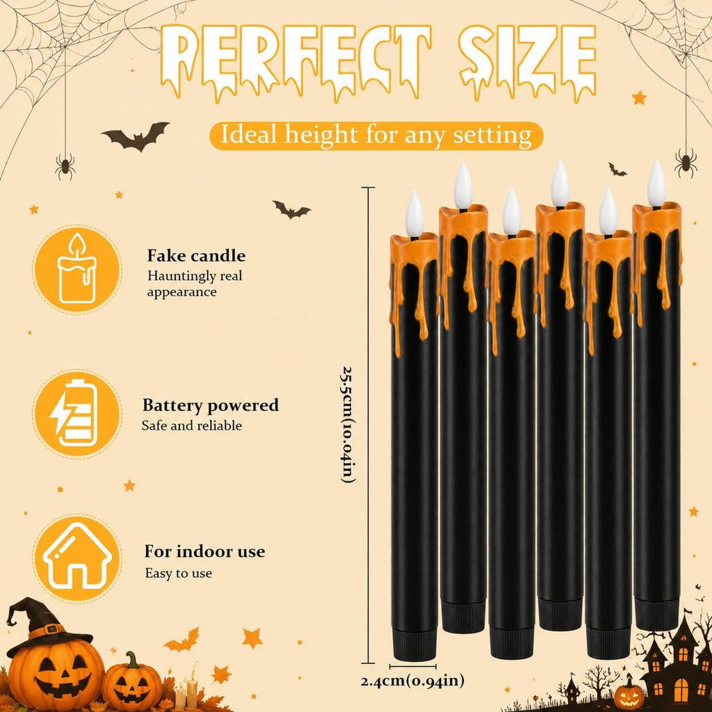 Dusk&Decorum 6 Pack Halloween Tapered Candles with Remote, Black Halloween Flameless Candles with Orange Dripping Wax, Battery Operated LED Halloween Candles for Table, Mantel & Indoor Decor