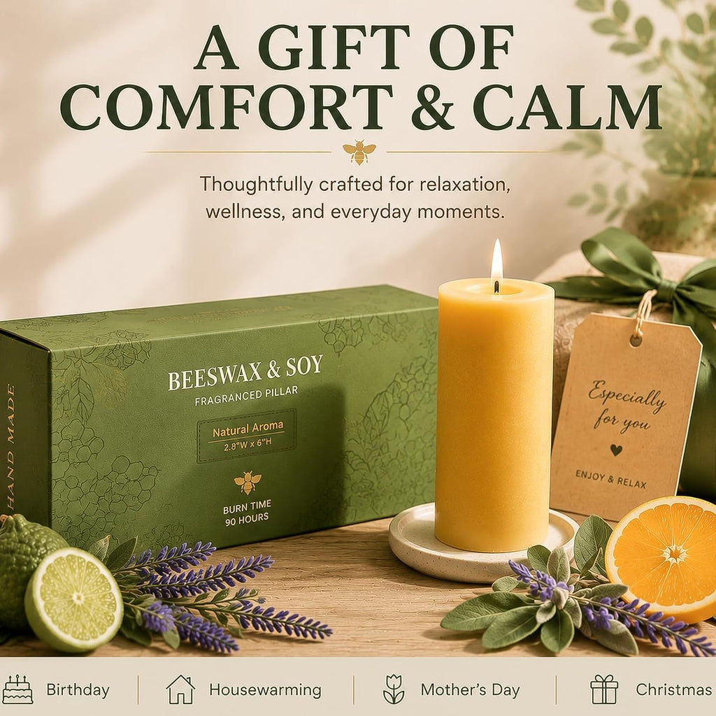 Bergamot Beeswax Blend Pillar Candle, Up to 90 Hours