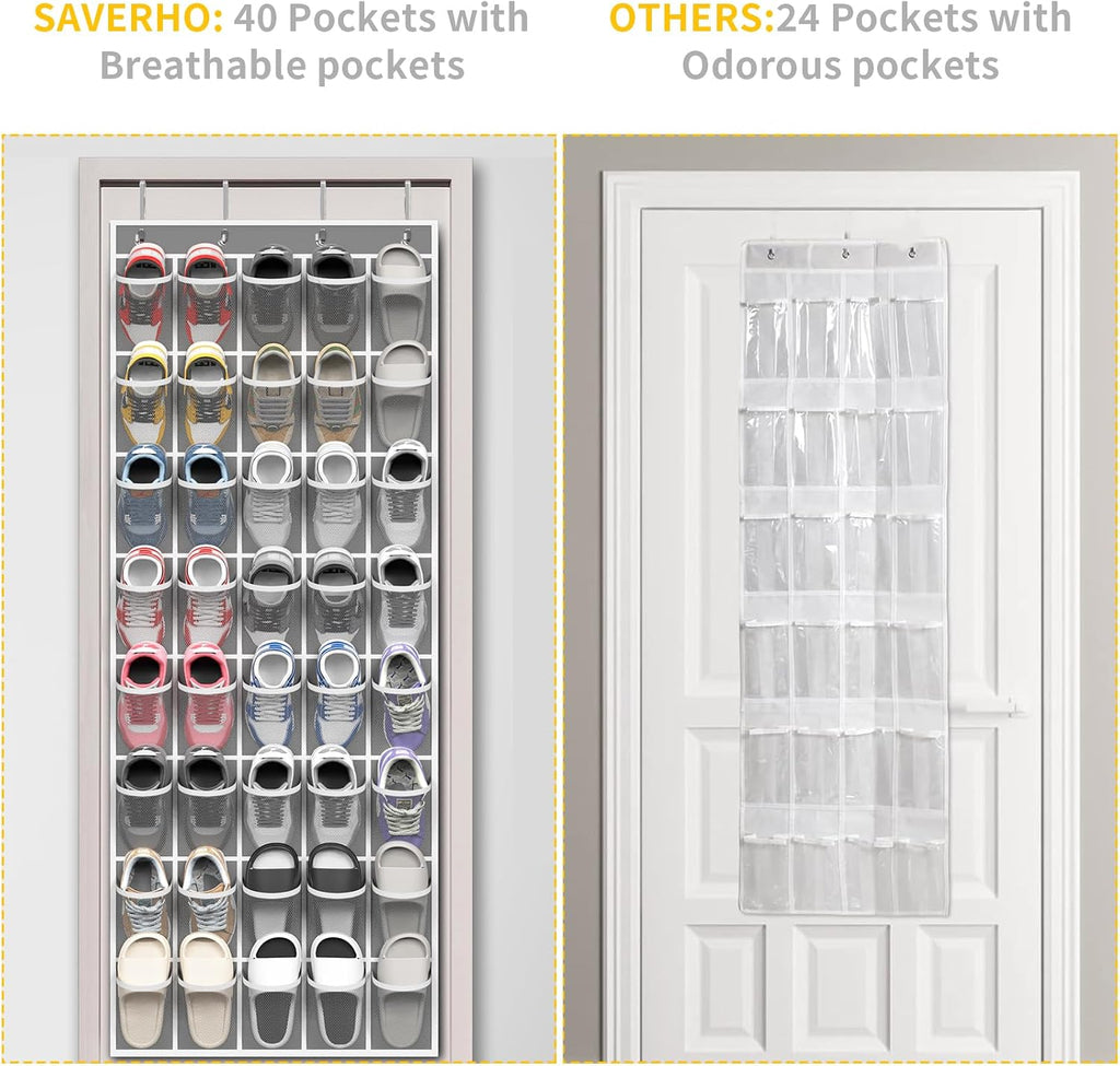 SAVERHO 40 Large Pockets Over the Door Shoe Organizer,Space-Saving Mesh Hanging Shoe Rack for Door Shoe Holder Large Size 76.4" x 27.5" Ideal for Closet & Door Storage (Grey)