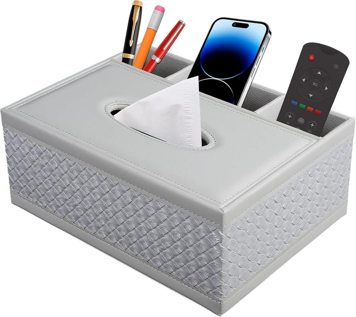 Tissue Box Cover Rectangle White Kleenex Box Holder PU Leather Facial Tissue Organizer,Multifunctional Remote Control Stationery Storage Box,Home Office Supplies Car Napkin Caddy