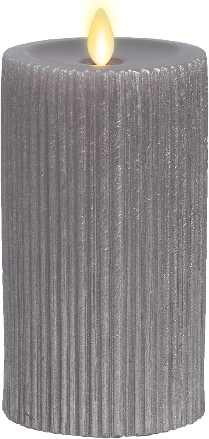 Luminara - Flameless Flickering Real Wax Moving Flame Battery Operated Unscented Candle LED Décor & Gift- Embossed Pillar Collection - Everyday Metallic Furrow, Grey (3.25" x 6.5")