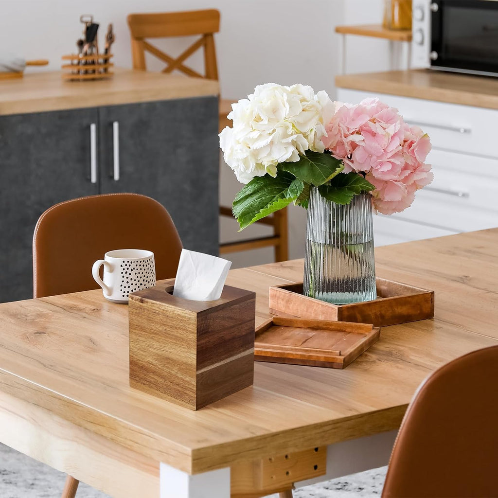 ALELION Tissue Box Cover Square - Acacia Wood Tissue Box Holder for Tabletop Night Stands Bathroom Office - Decorative Facial Cube Tissue Box Cover for Modern Farmhouse Decor