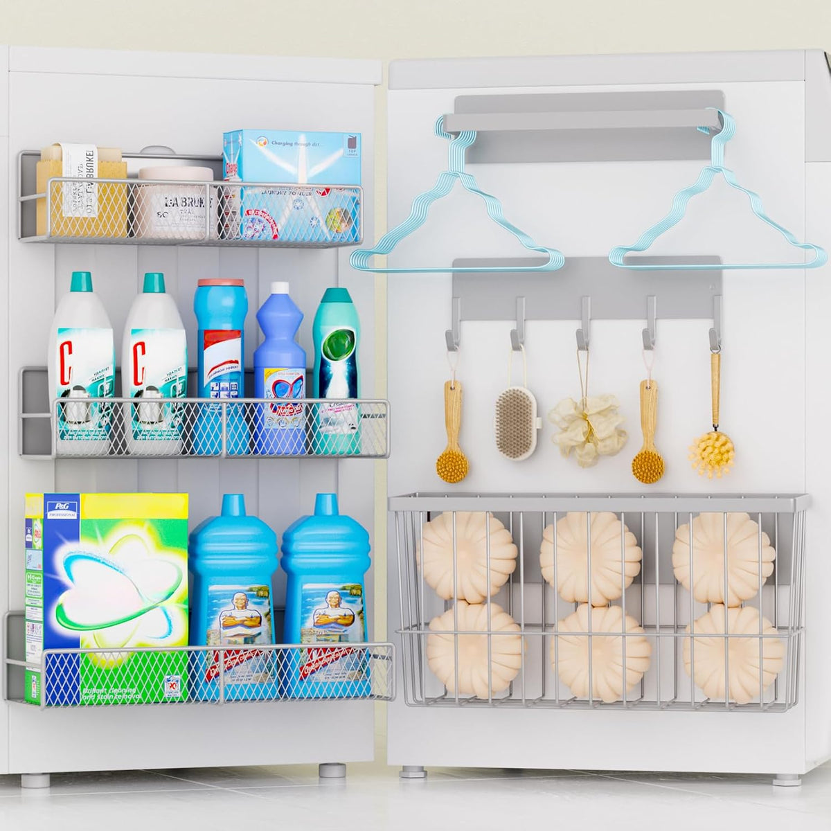 DTUQYX Laundry Organizer with Hanger 6-Pack, Magnetic Shelves for Washing Machine, Magnetic Refrigerator Shelves, Magnet Holder & Baskets, Metal Storage System for Laundry Room, Grey