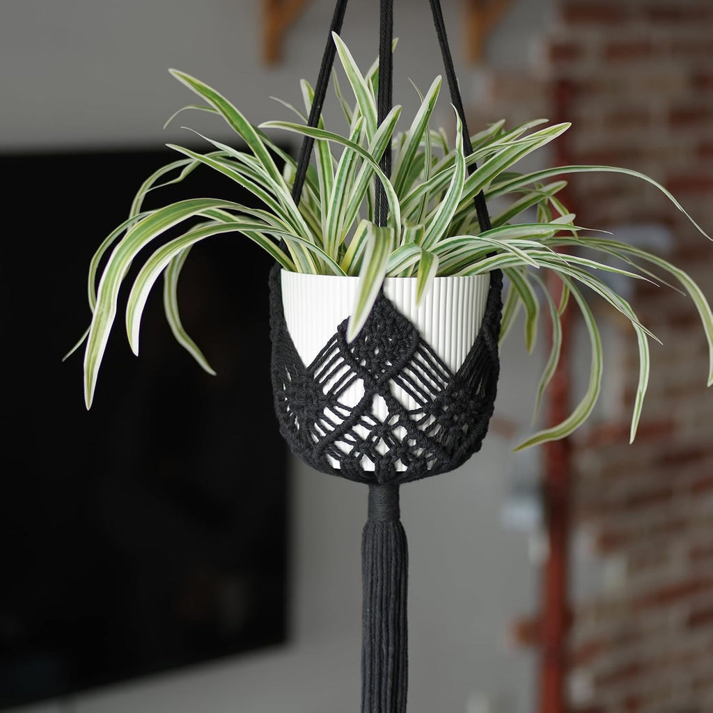Hanging Planter with Patterns,2Packs Macrame Plant Hangers Indoor Macrame for up to 8 inch Pot Crochet Boho Plant Hanger Holder for Indoor Outdoor with 2S Shaped Stainless Steel Hooks (Black)