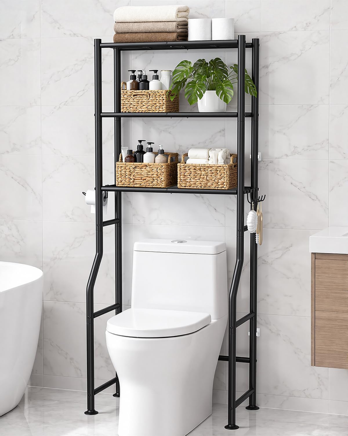 GloTika 3-Tier Over Toilet Storage Cabinet, No Drilling, 64" H, Black