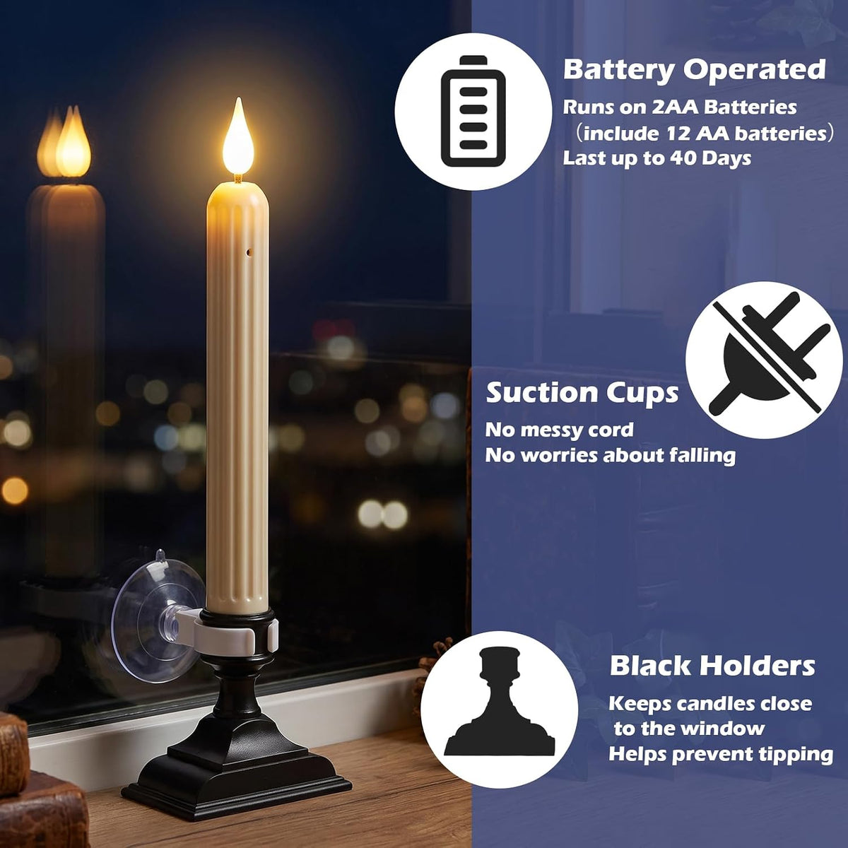 Christmas Window Flameless Taper Candles Sensor Dusk to Dawn(12AA Include)