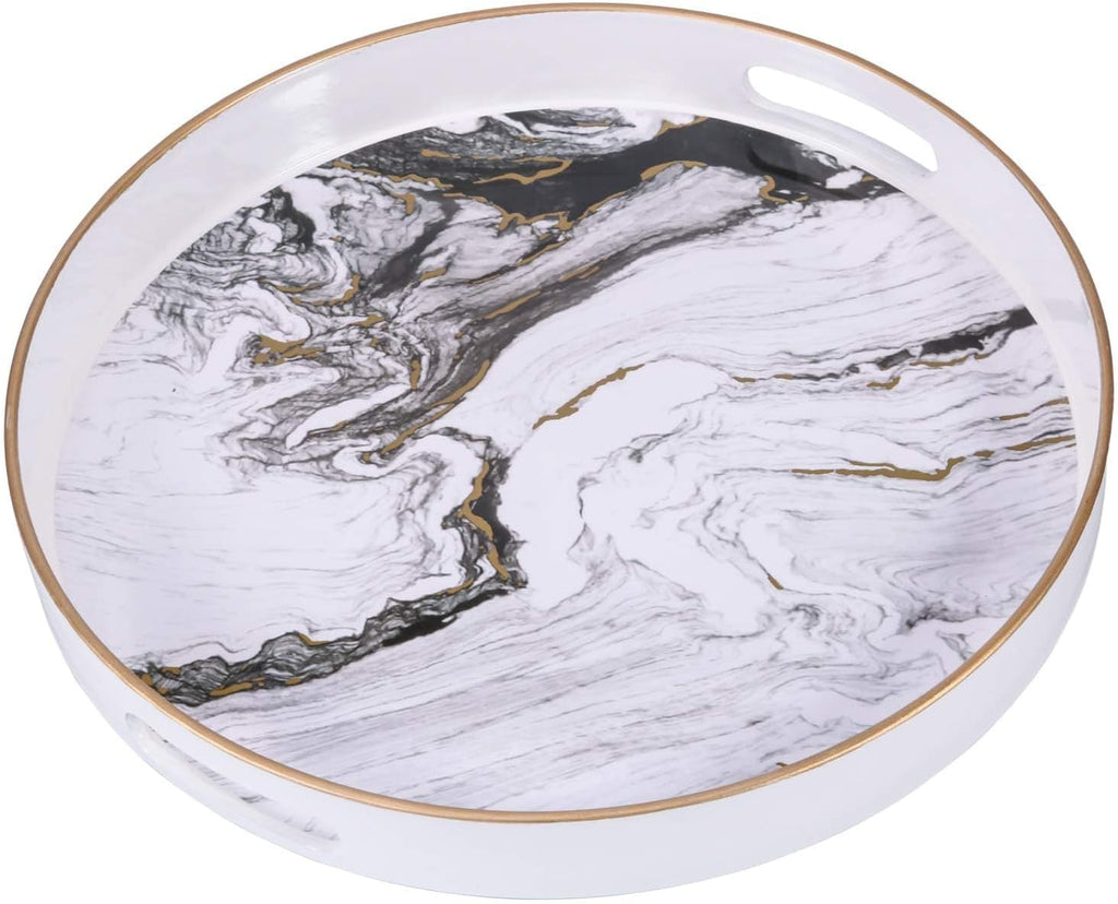 Round Decorative Tray, Marbling Plastic with Handles, Modern Vanity and Serving for Ottoman, Coffee Table, Kitchen and Bathroom, Size 13", White