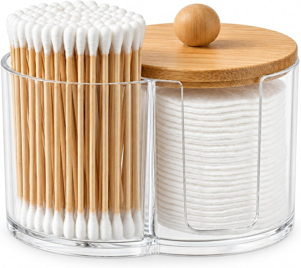 2-in-1 Cotton Swab and Cotton Round Holder with Bamboo Lid