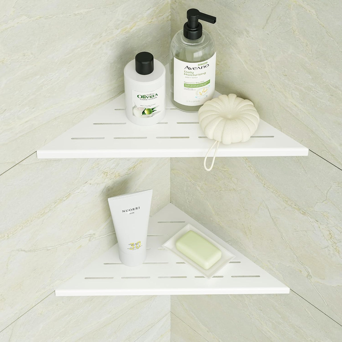 Neodrain 10 Inch White Corner Wall Shelf for Tile Wall Insert, Set of 2