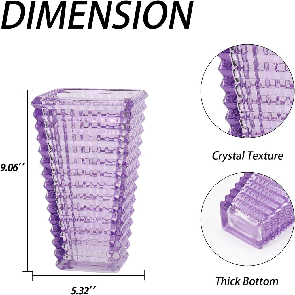Crystal Vase, Large Crystal Vases for Flowers, Purple Large Flower Vase, Modern Glass Vases for Living Room, Bedroom, Kitchen, Dining Table, Mantle, Wedding, 9 Inches