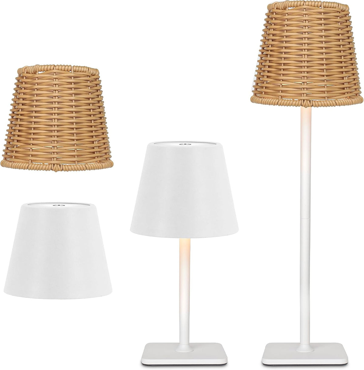 Waterproof Outdoor Rechargeable Cordless Set of 2 Table Lamp with Wicker Shade, Battery Operated Portable Table Light with Adjustable Height Pole, for Patio Restaurant Kitchen (White 2 Pack)