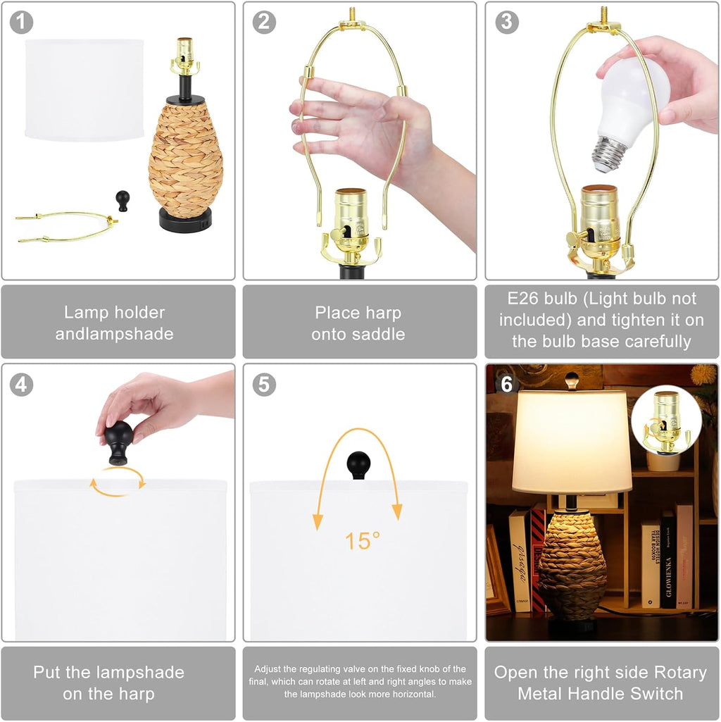 Coastal Table Lamps Set of 2, Retro Natural Seagrass Rattan Woven 25" Bedside Lamp, for Bedroom Living Room Home Nightstand Table Lamp(with USB C+A 5V 2.1A Charging Ports)