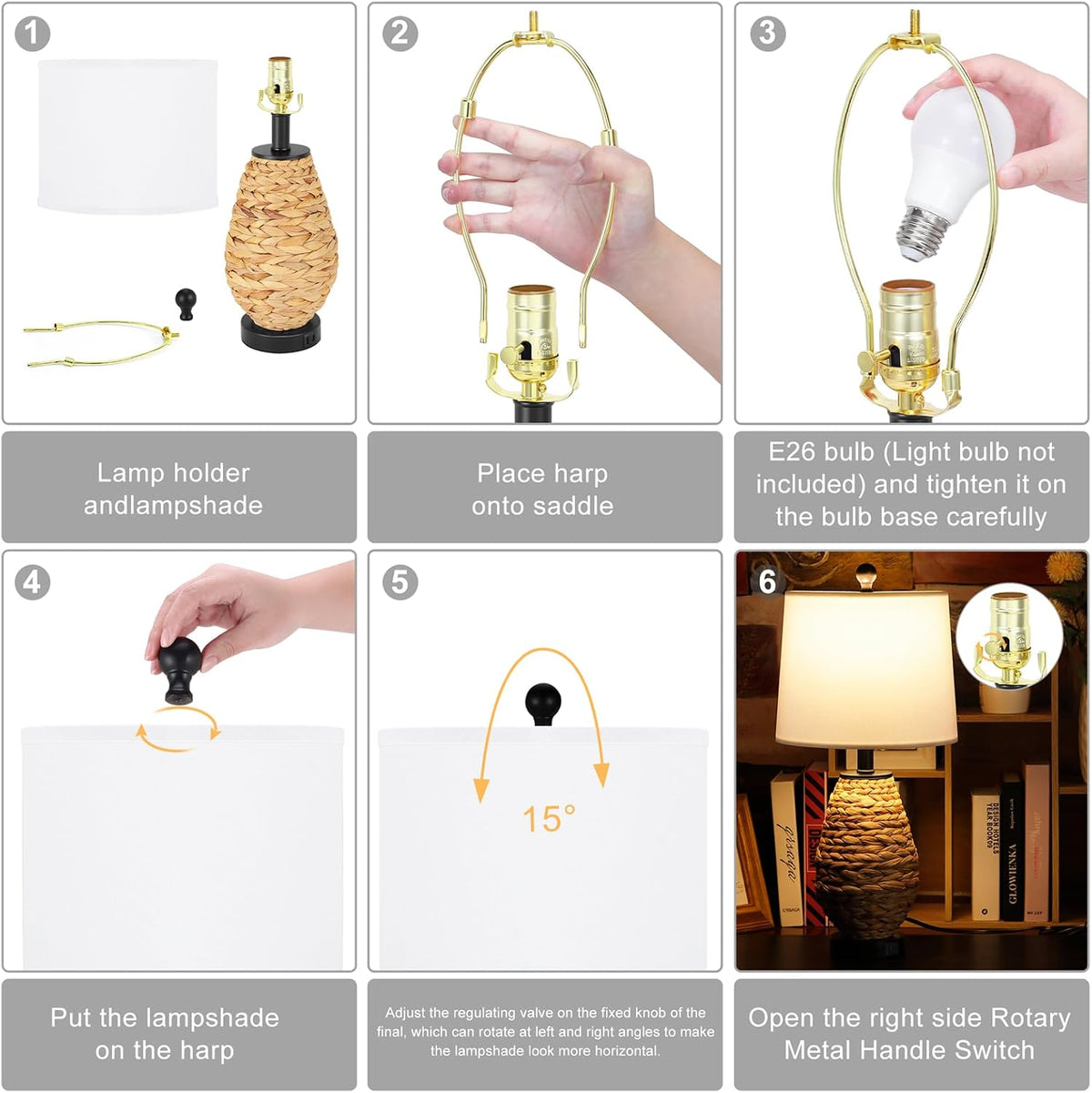 Coastal Table Lamps Set of 2, Retro Natural Seagrass Rattan Woven 25" Bedside Lamp, for Bedroom Living Room Home Nightstand Table Lamp(with USB C+A 5V 2.1A Charging Ports)