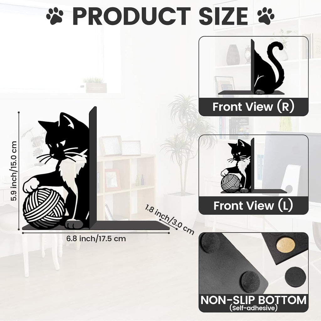 2pcs Cute Cat Metal Bookends Heavy Duty Adjustable Book Stopper for Shelves and Desk Decorative Cute Black Bookends for Heavy Books Cookbooks Vinyl Records with Non-Slip Pads