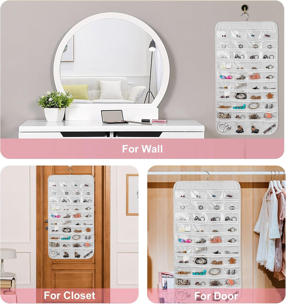 Hanging Jewelry Organizer, Dual Sided Closet Earring Storage with Hanger, 80 Clear Pockets Storage for Jewelry Necklaces, Bracelets (White)