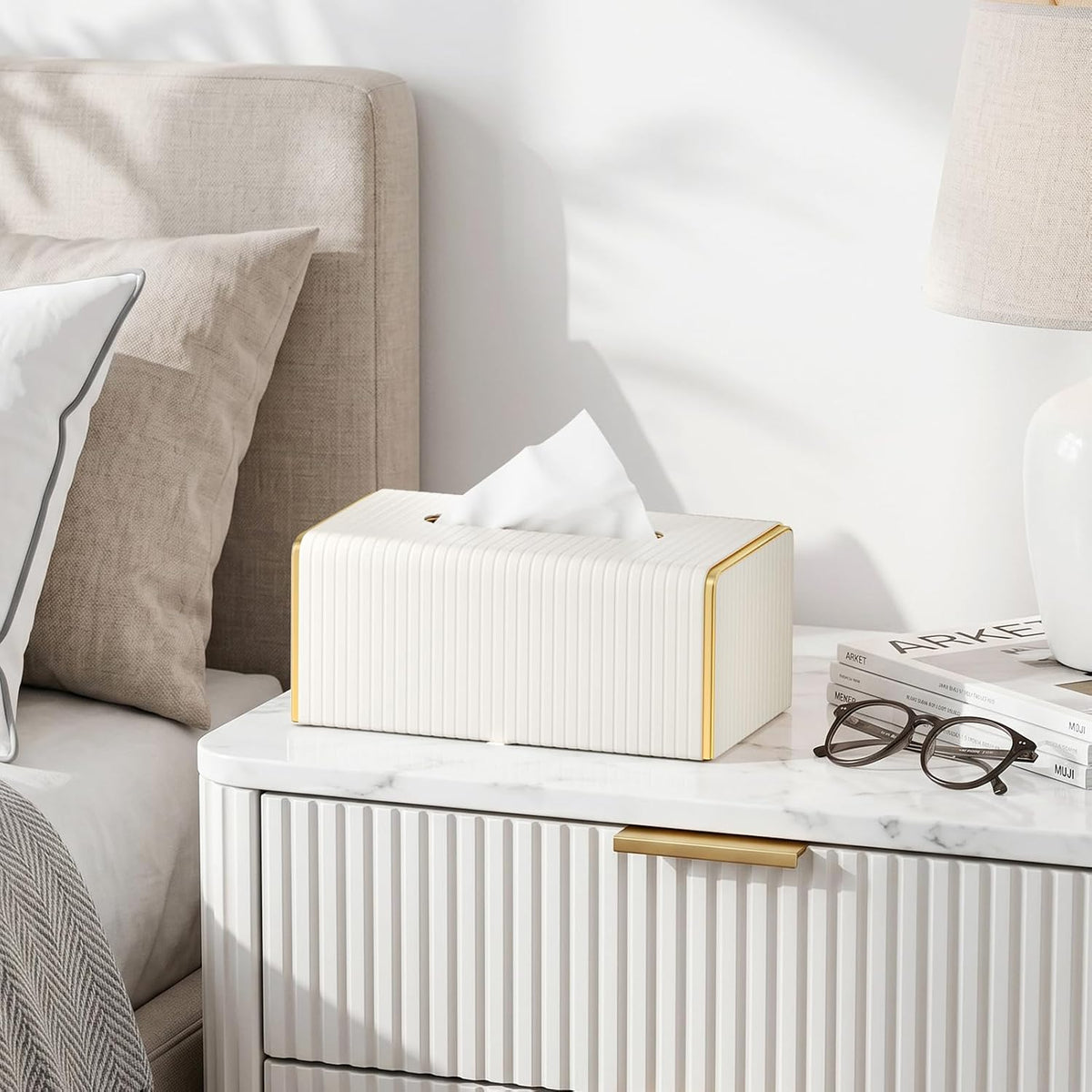 PU Leather Rectangle Tissue Box Cover, White, Long Tissue Box Holder