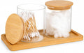 Glass Qtip Holder with Vanity Tray, Bathroom Tray Organizer Glass Qtip Holder, Cotton Round-Holder Glass-Apothecary Jars with Lids for Cotton Ball Round Swab Pad Hair Ties Floss Perfume Jewelry