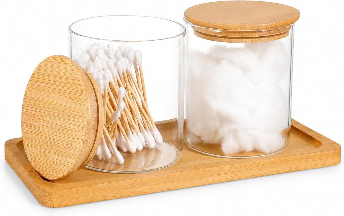 Glass Qtip Holder with Vanity Tray, Bathroom Tray Organizer Glass Qtip Holder, Cotton Round-Holder Glass-Apothecary Jars with Lids for Cotton Ball Round Swab Pad Hair Ties Floss Perfume Jewelry