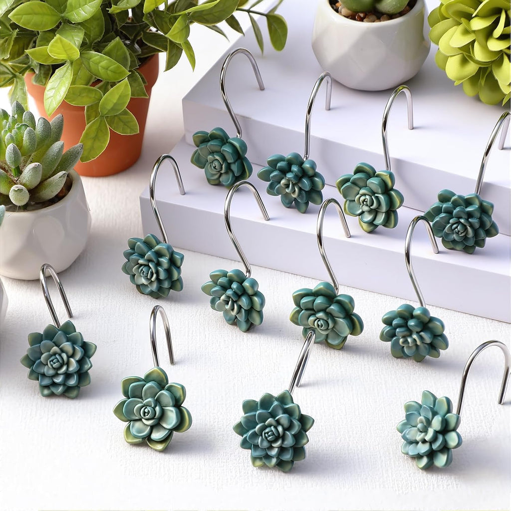 Amyhill 12 Pcs Succulents Plants Decorative Cute Shower Curtain Hooks Mini Succulents Green Shower Curtain Rings Bulk Hanger Stainless Steel Resin Plant Theme Hooks for Bathroom Bedroom Home Decor