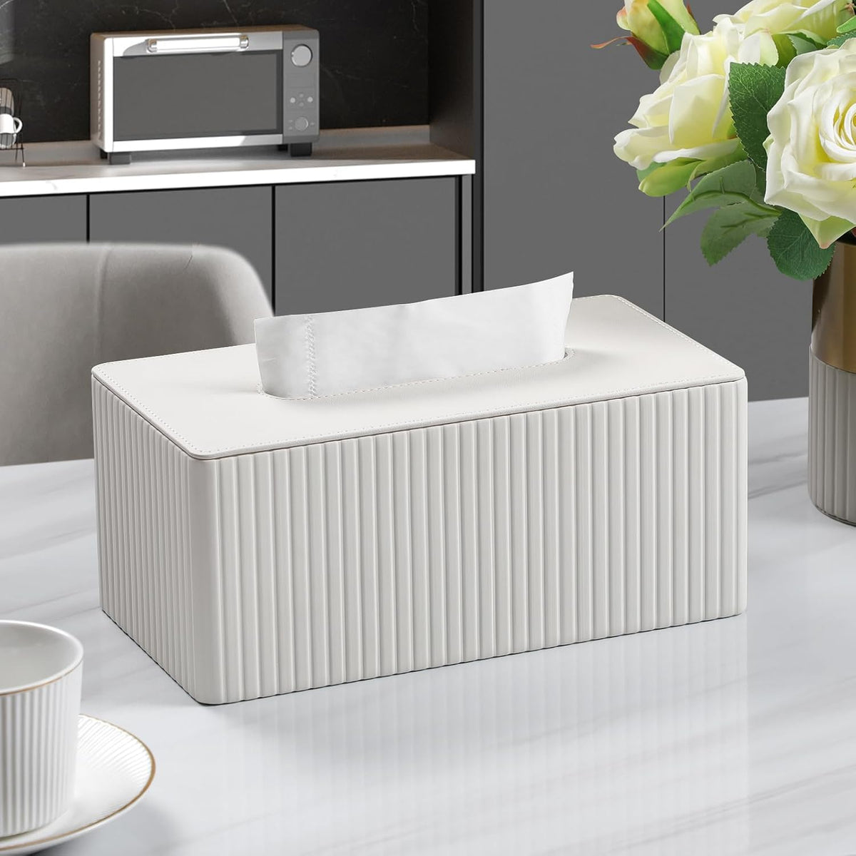 PU Leather Tissue Box Cover Rectangle (Ivory, Inner Height 3.9")