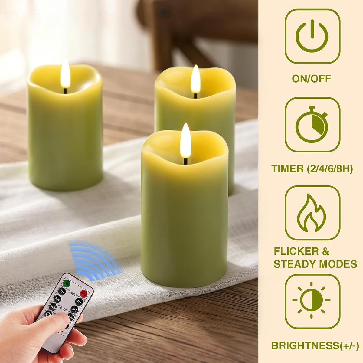 Sage Green Flameless Votive Candles with Remote Batteries Set of 6