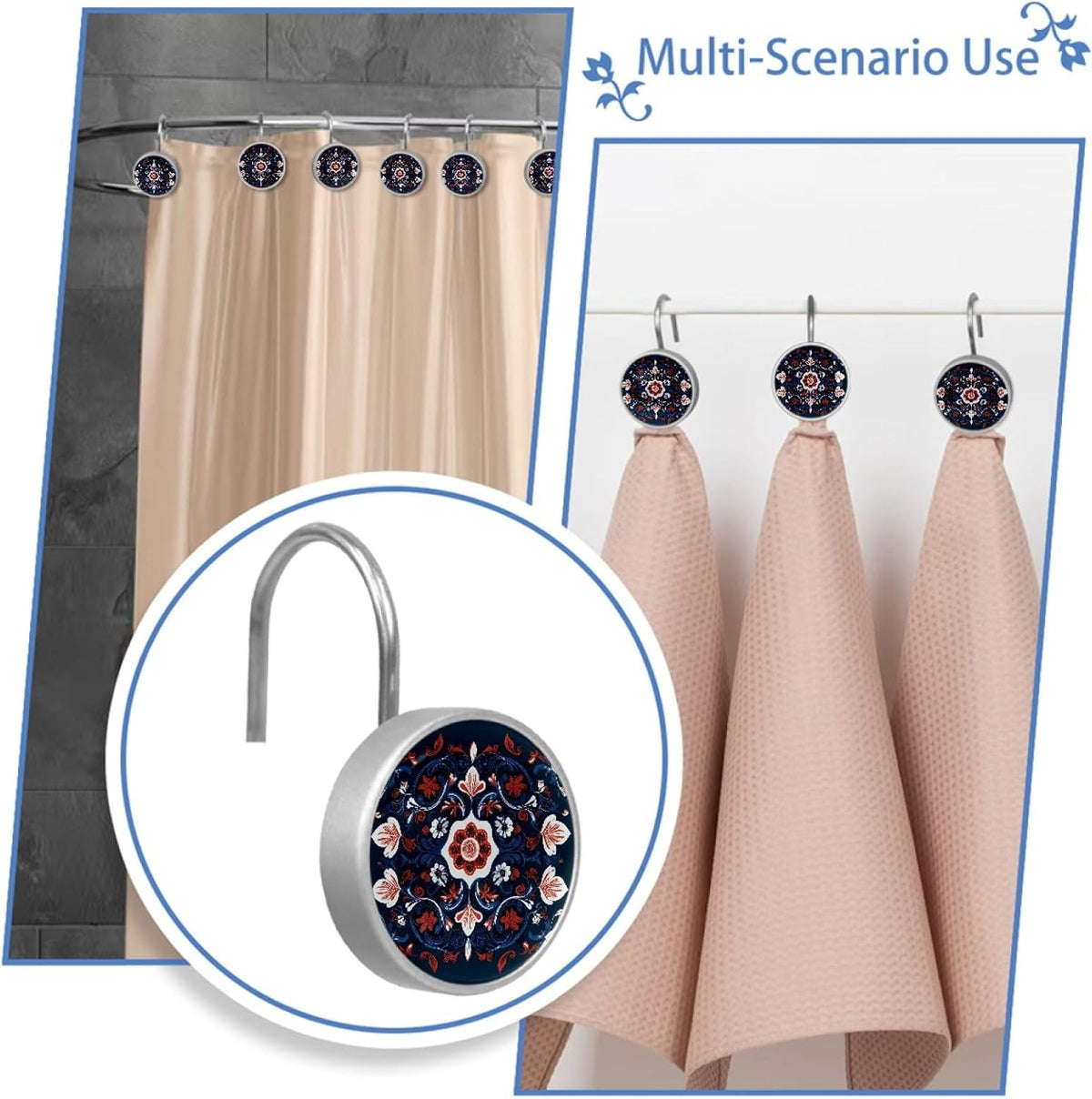 12 Pcs Norwegian Folk Style Flower Shower Curtain Hooks, Decorative Shower Curtain Rings for Bathroom, Stainless Steel Rustproof Curtain Rings Hangers for Shower Curtain Rod