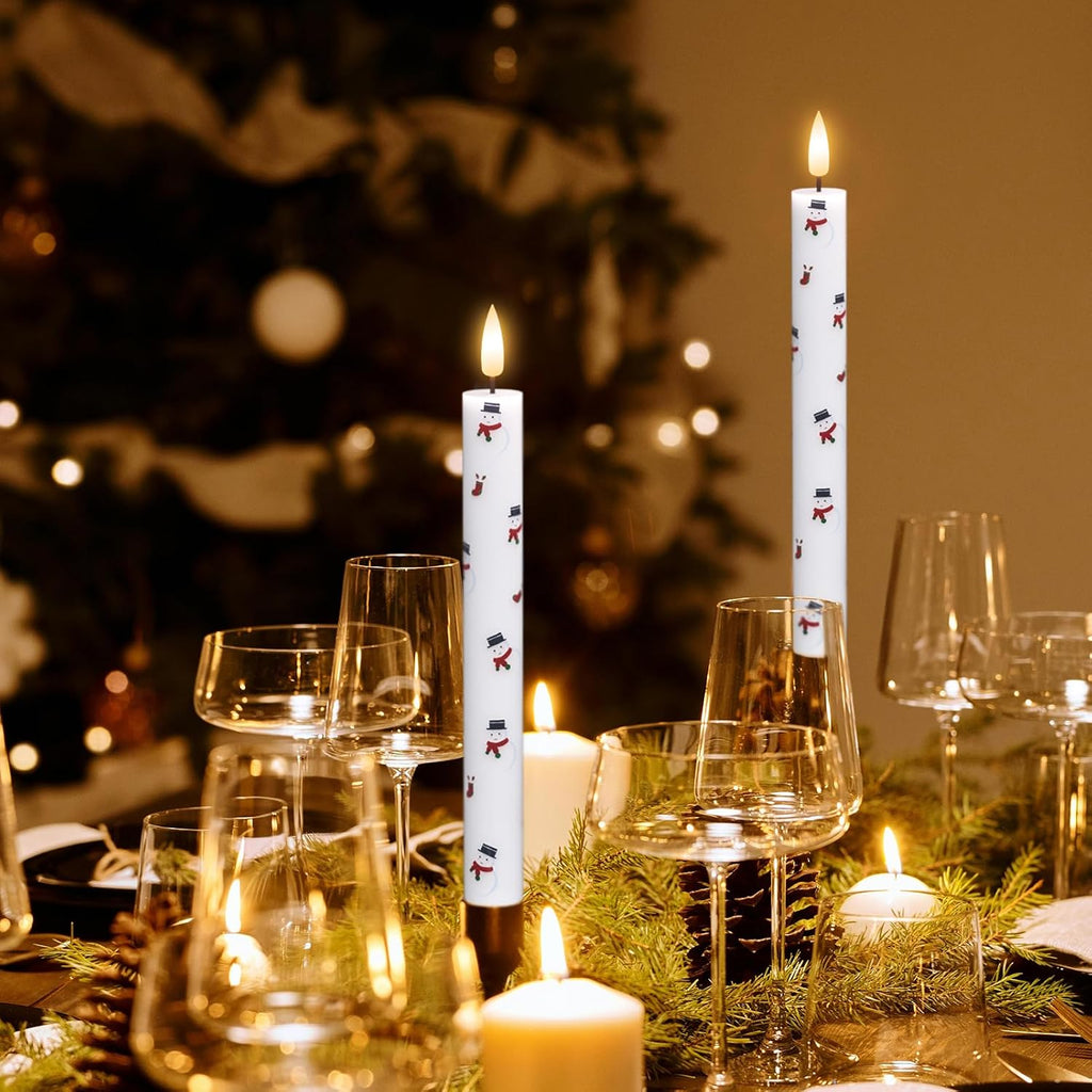 GenSwin Christmas Taper Candles with Snowman Decals, 4 Pack LED Taper Candles with Timer, Real Wax Flickering LED Flickering Flameless Candlesticks with Christmas Prints for Home Decor(0.78” x 9.6”)