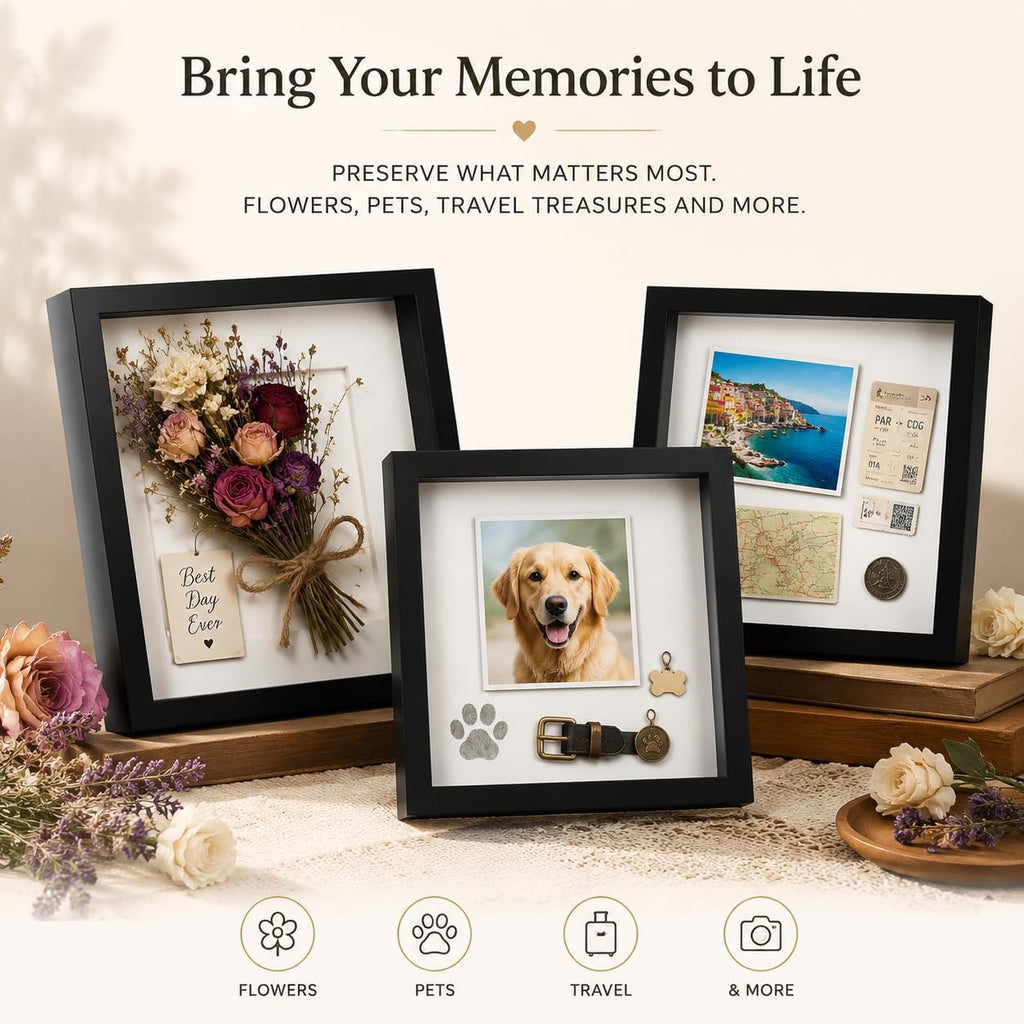4 Pack Shadow Box Frame Display Cases, 8"x 8" Wood Deep Black Handicrafts Shadowbox Picture Frame for Flowers Jersey Baby Wedding Dress (Black&White)