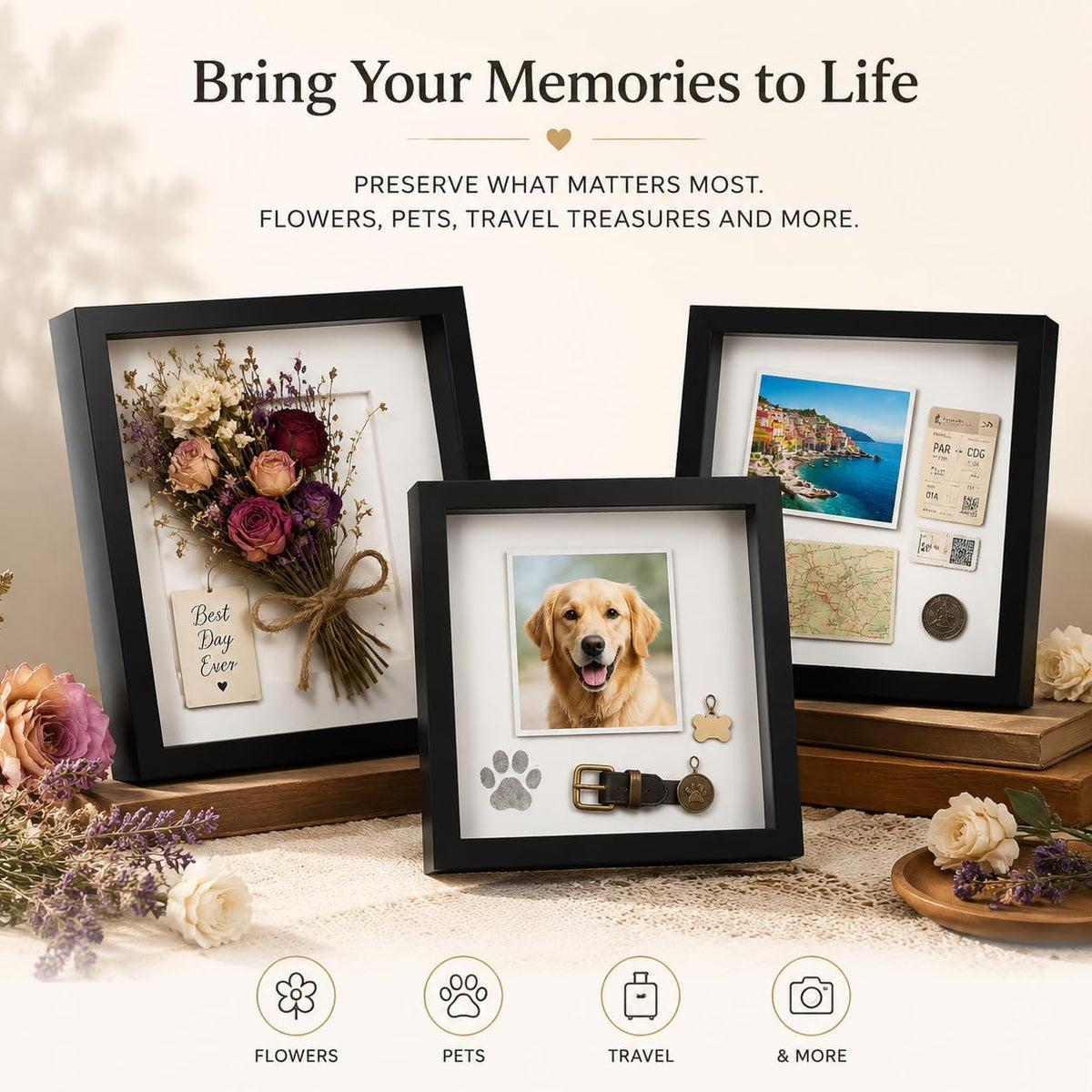 4 Pack Shadow Box Frame Display Cases, 8"x 8" Wood Deep Black Handicrafts Shadowbox Picture Frame for Flowers Jersey Baby Wedding Dress (Black&White)