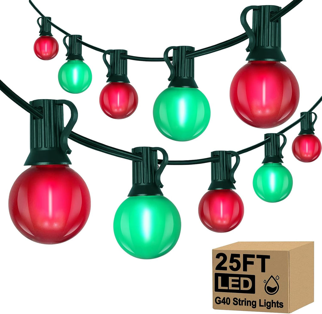 25Ft LED Red Green String Lights Outdoor, Christmas Decoration Patio Lights
