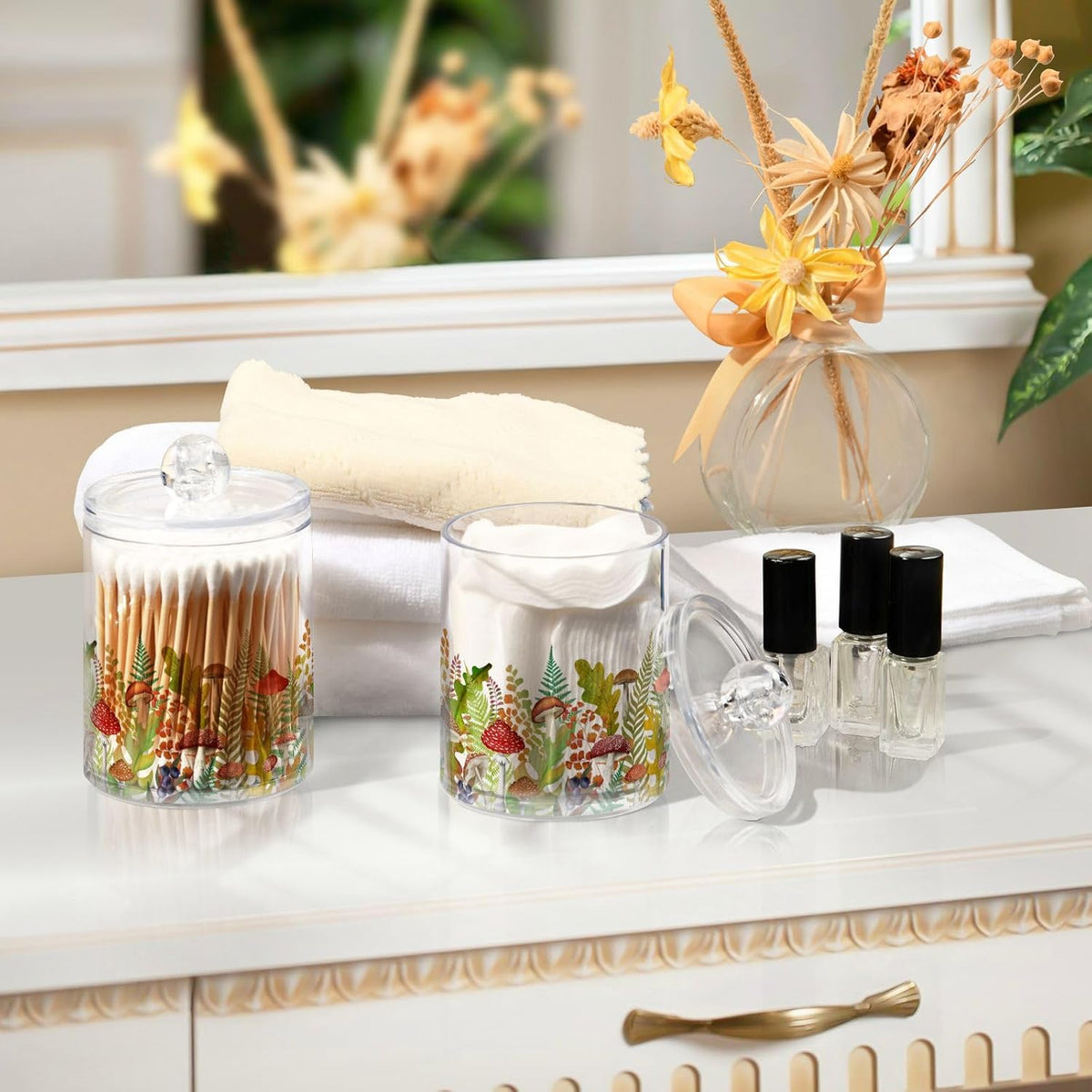 Fall Leaf Mushroom Apothecary Jars with Lids for Bathroom - 10 OZ Qtip Holder Clear Plastic Jar Storage Canister for Cotton Balls, Swabs, Makeup Organizer, 4 Pack