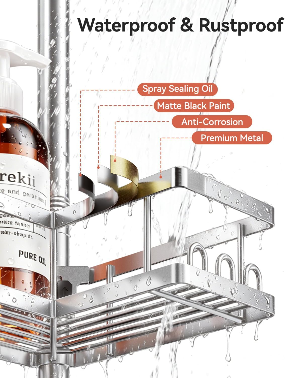YASONIC Corner Shower Caddy Tension Pole, Adjustable Shower Shelves, Rust-Resistant Shower Organizer, No-Drill 3-Step Installation, Bathroom Shelves for Renters & Family, Silver