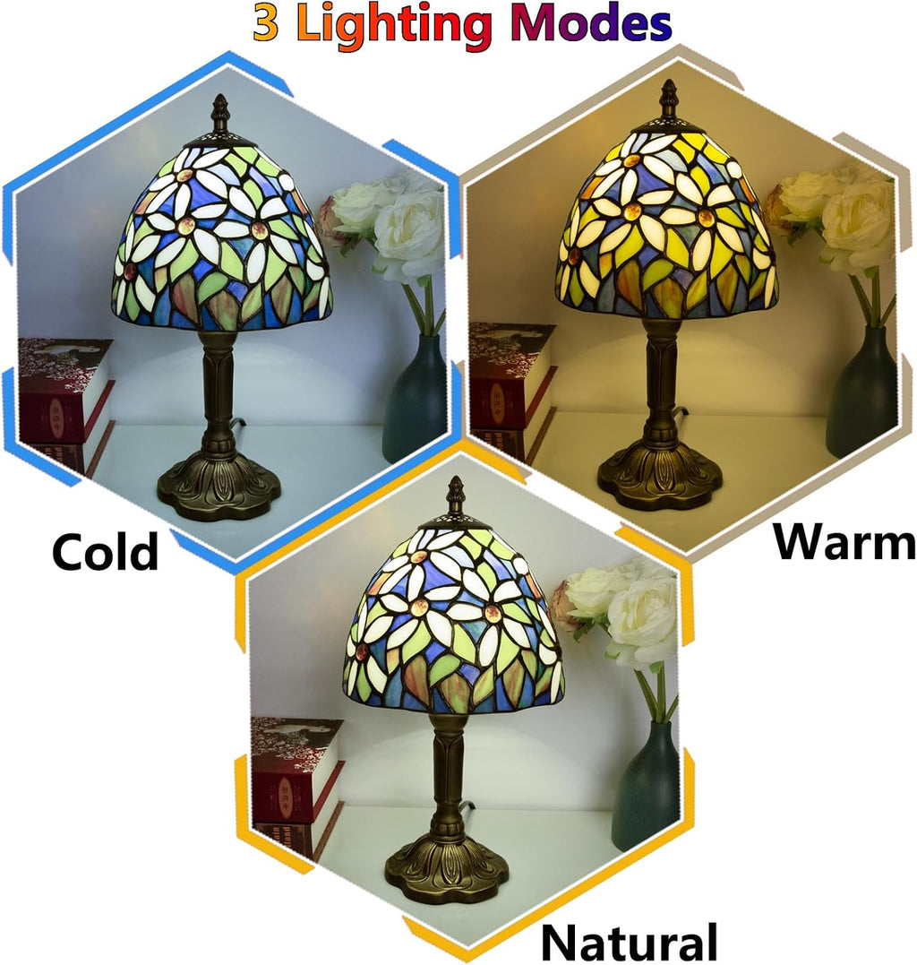 Small Tiffany Style Stained Glass Table Lamp, 8 Inch, White Daisy Pattern