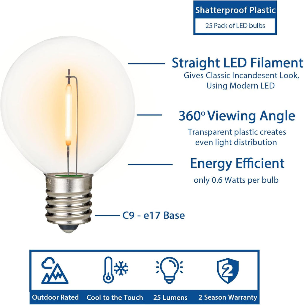 Novelty Lights 25 Pack Ultra Warm White G50 LED Filament String Light Bulbs