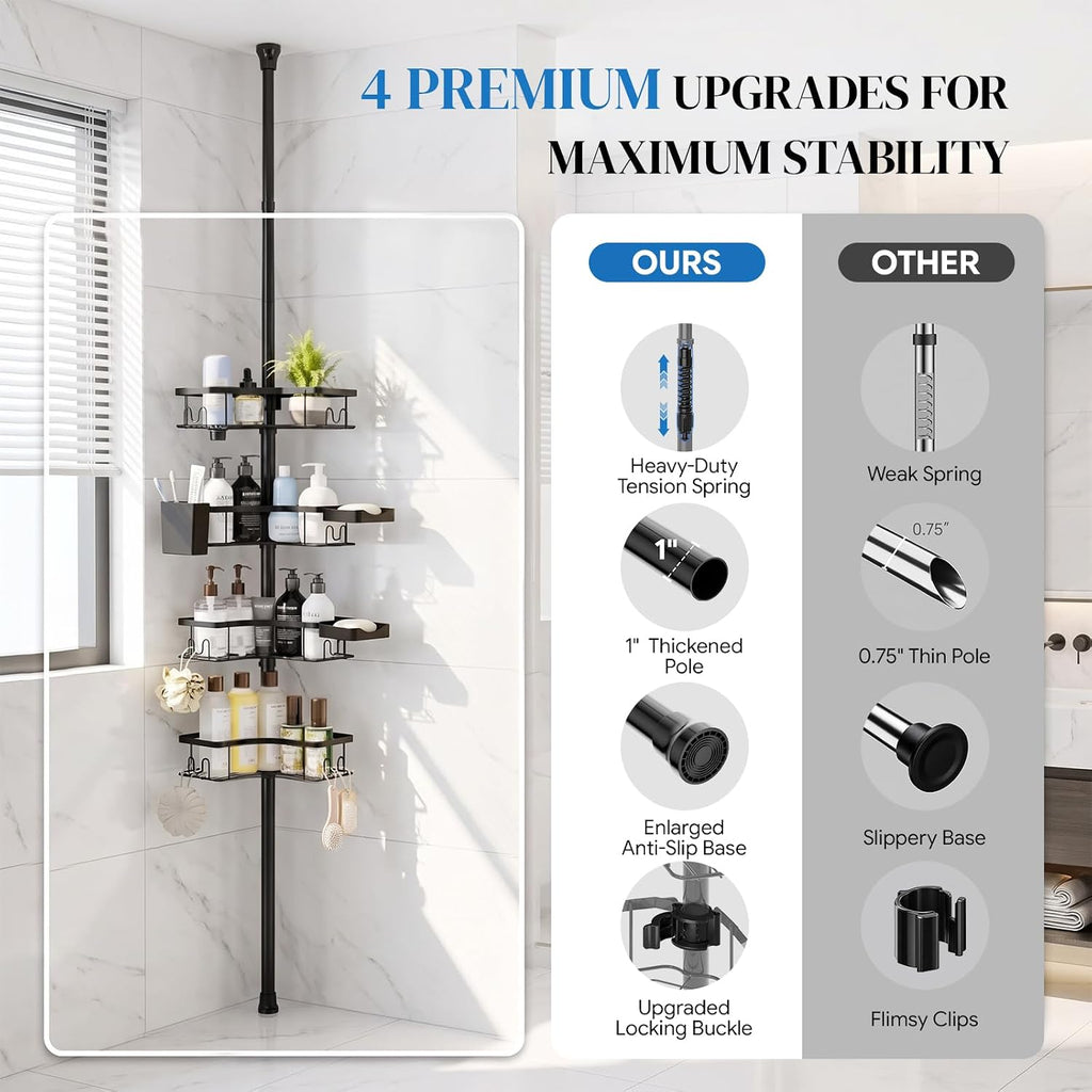 Corner Shower Caddy Tension Pole 4-Tier Rustproof Bathroom Organizer-Black