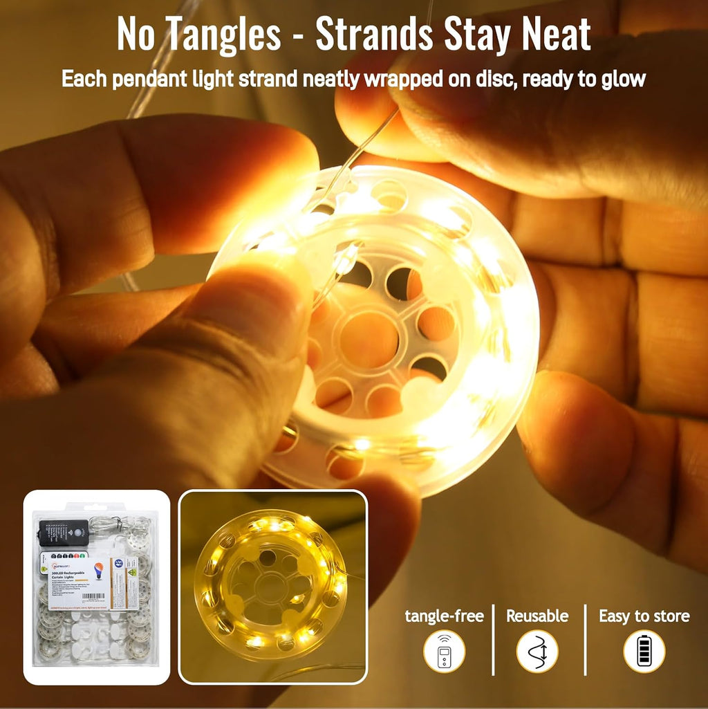 HXWEIYE Rechargeable 300LED Curtain Lights Battery Powered,9.8x9.8Ft,Remote