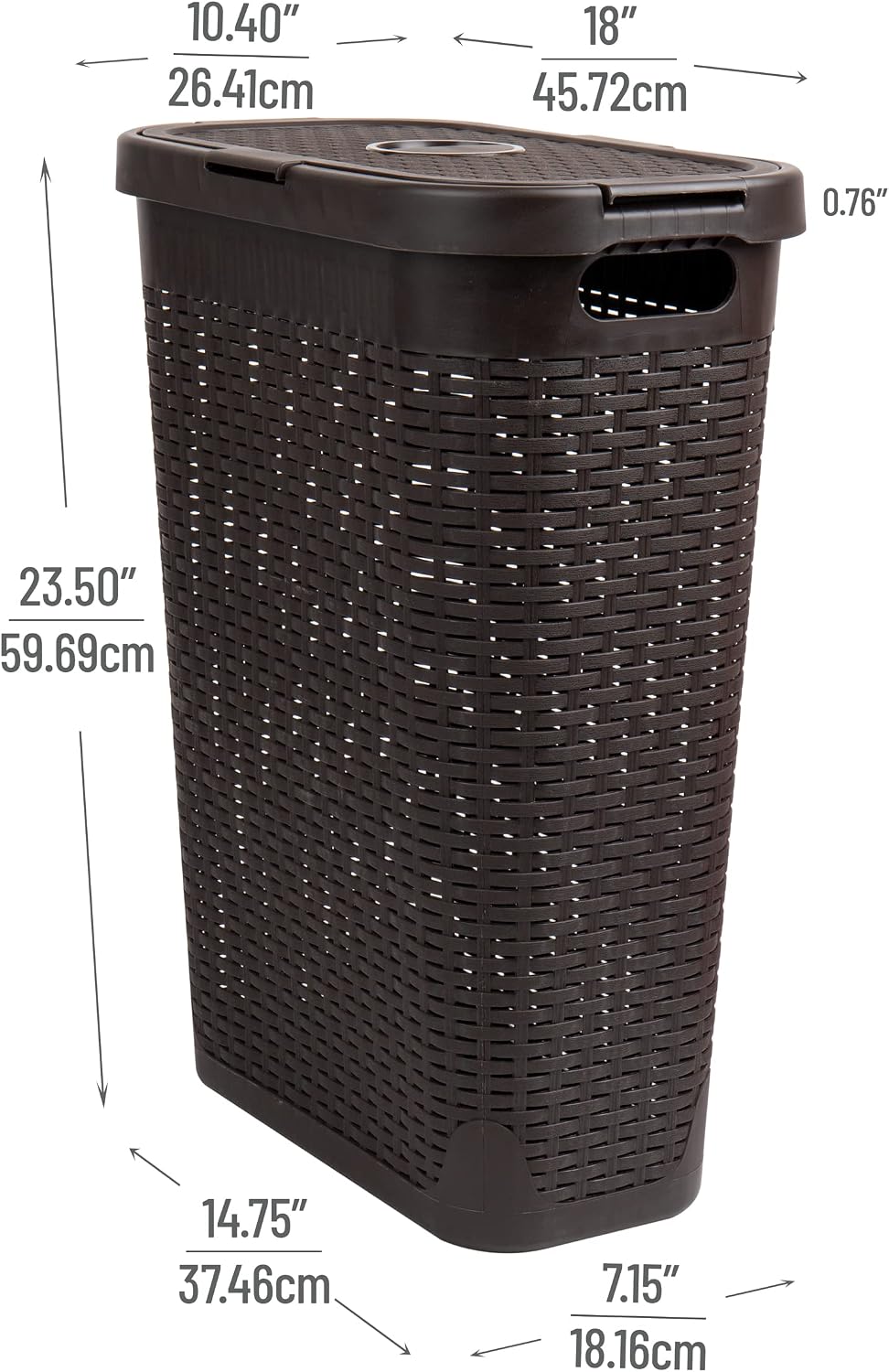 Mind Reader Slim Laundry Hamper with Lid, 40L Clothes Basket, Narrow Tapered Design with Ventilated Cutout Pattern, Plastic, Brown