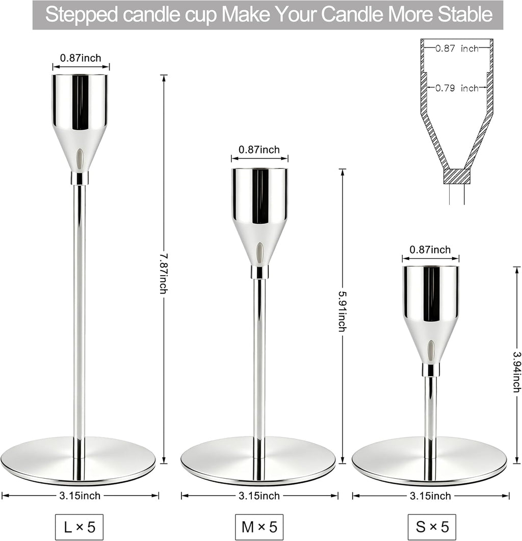 Silver Candlestick Holders,Metal Taper Candle Holders,Bulk Set of 15