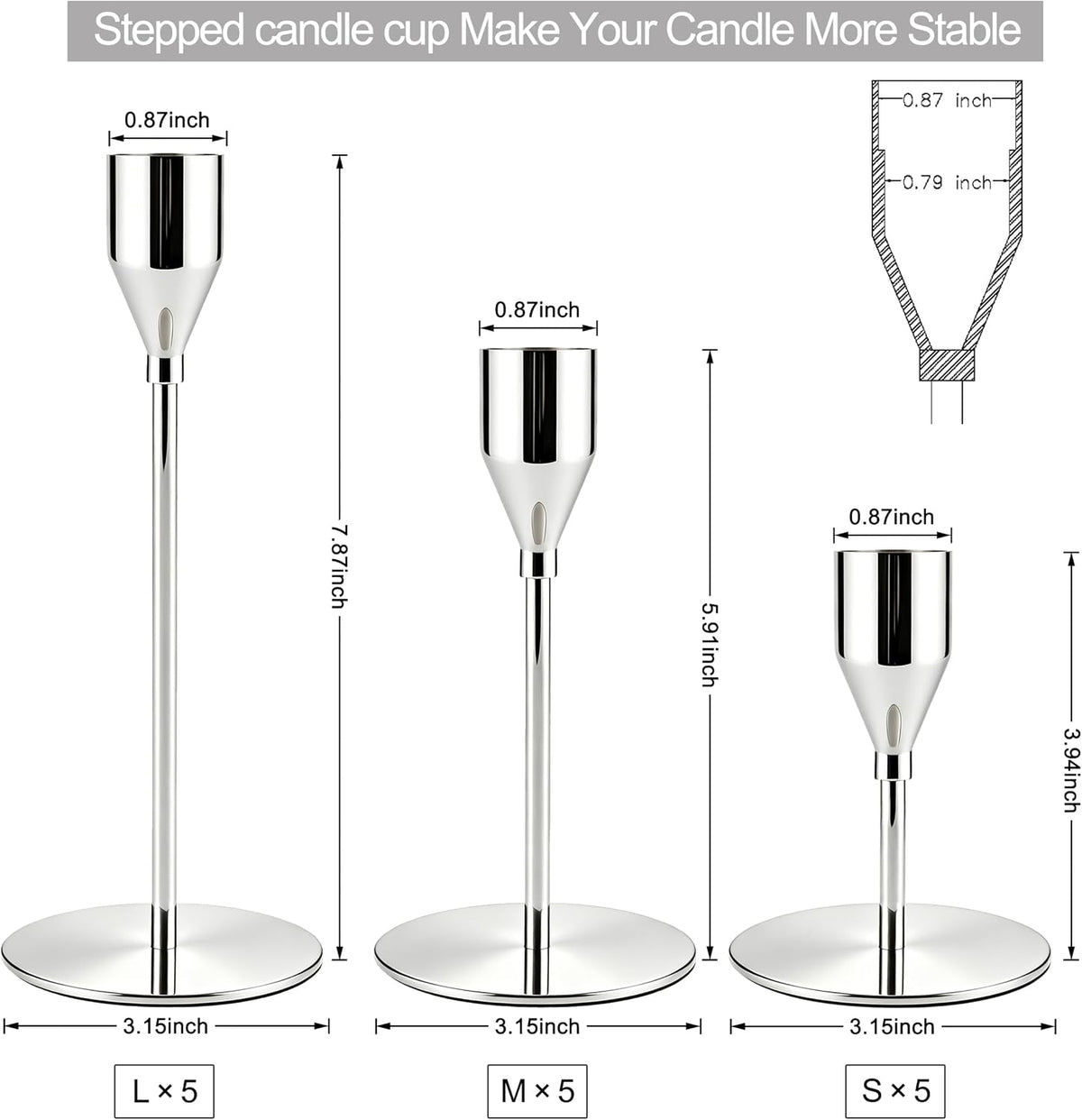 Silver Candlestick Holders,Metal Taper Candle Holders,Bulk Set of 15
