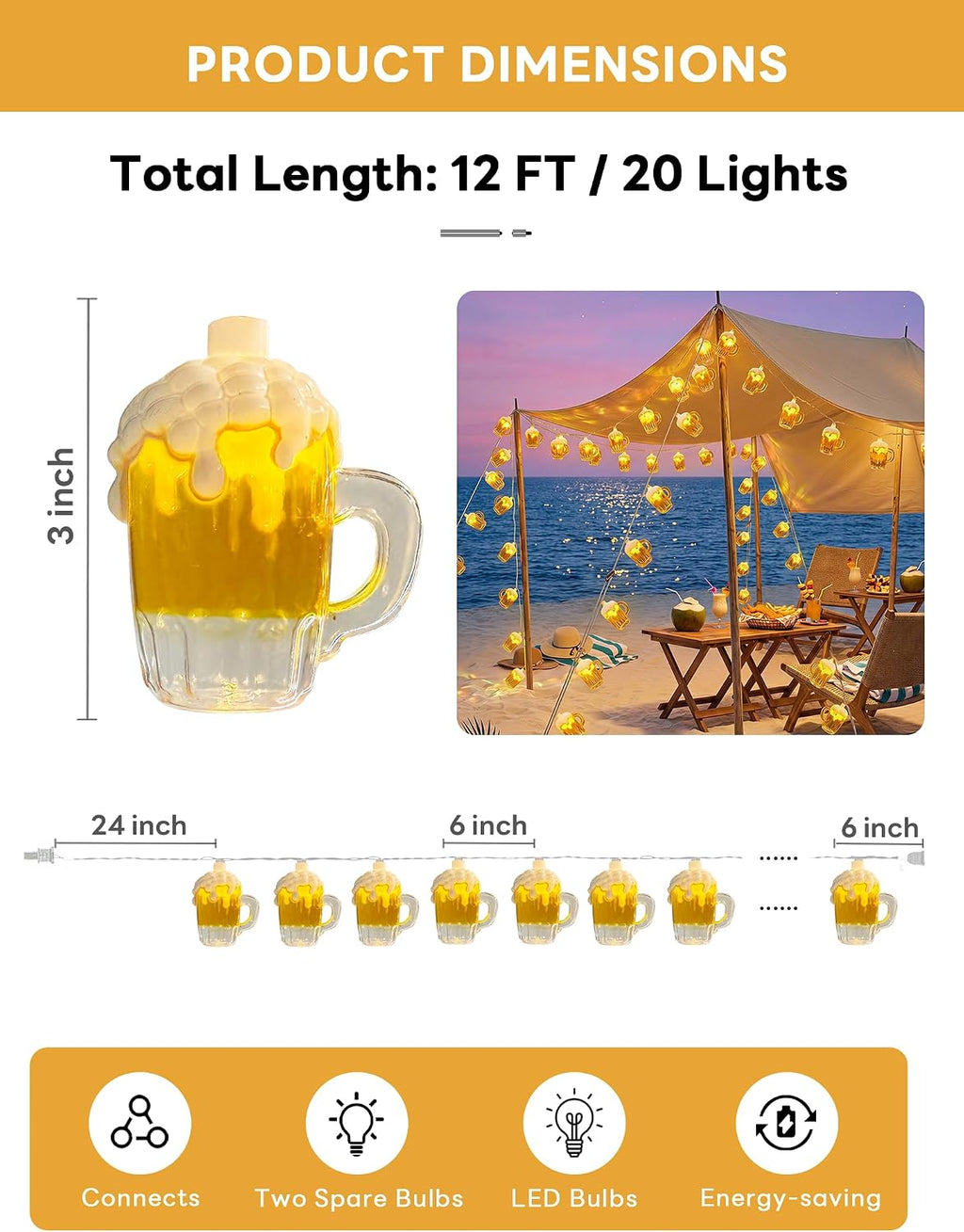 Beer String Lights Outdoor, 12.5FT Summer Decorative Camping String Lights with 10 3D Beer Mug Lights, Plug in Connectable Novelty Fairy Lights for Tropical Themed Wedding Bistro Bar Party Decor