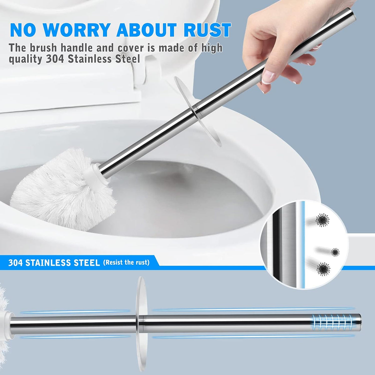Toilet Brush and Holder, 2 Pack Toilet Brush with 304 Stainless Steel Long Handle, Toilet Bowl Brush for Bathroom Toilet-Ergonomic, Elegant,Durable (White)