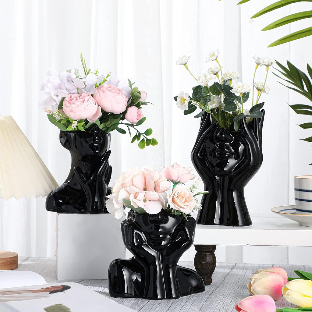 Sieral 3 Pcs Ceramic Face Vase Female Form Body Flower Vase, Small, Black