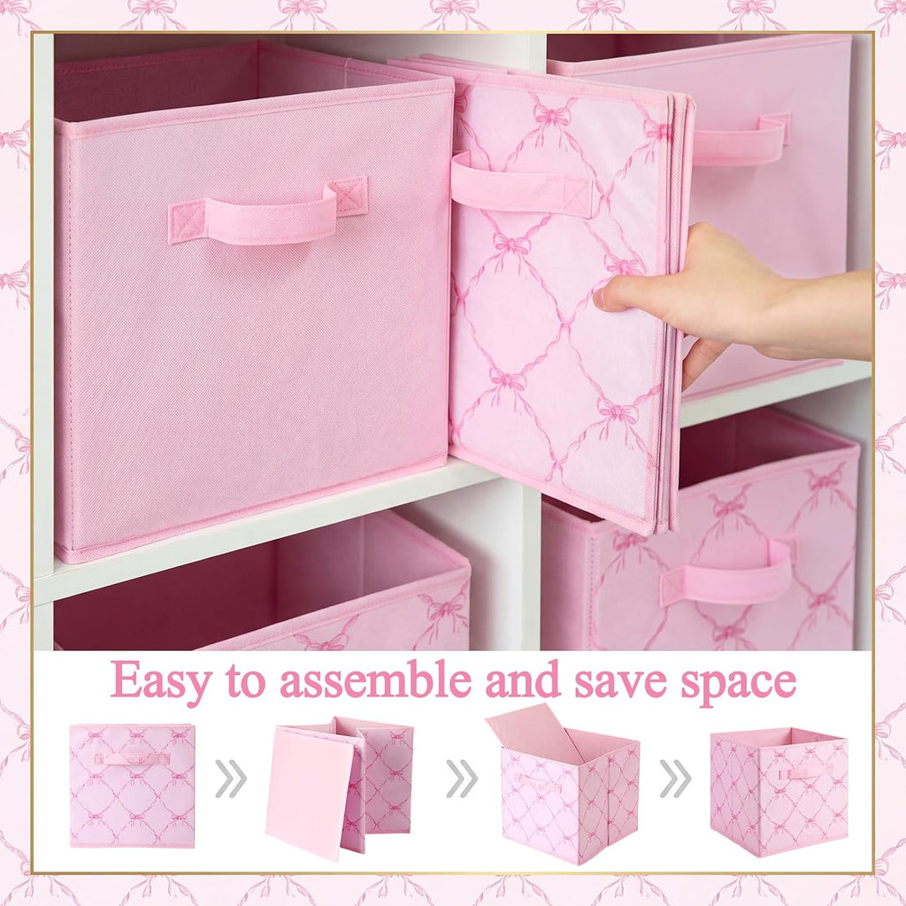 Geelin 6 Pcs Pink and Pink Bow Cube Storage Bins 11 Inch Storage Basket